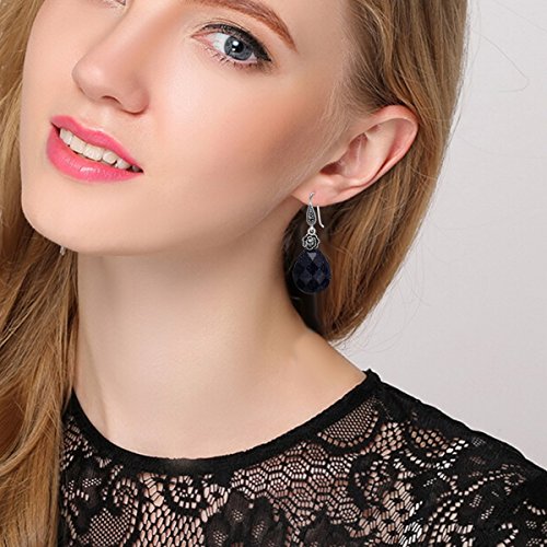 EVER FAITH Mujer Plata de ley 925 Pendiente forma de agua gota y un rosa negro con un gran Piedra de arena azul Negro