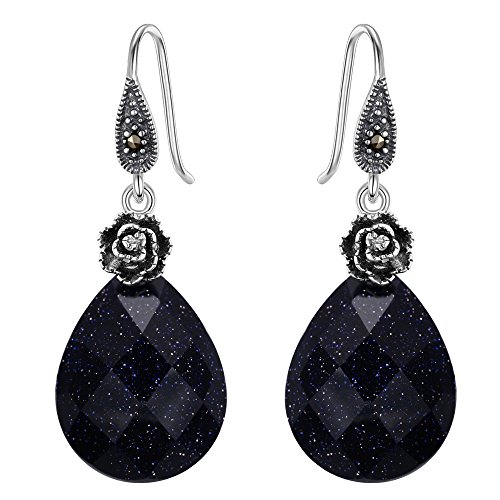 EVER FAITH Mujer Plata de ley 925 Pendiente forma de agua gota y un rosa negro con un gran Piedra de arena azul Negro
