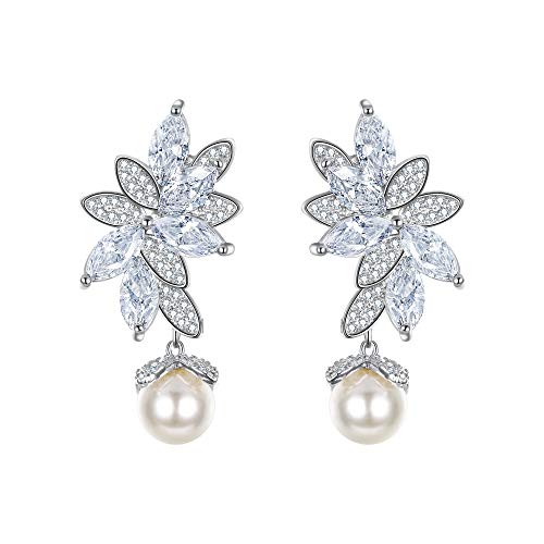 EVER FAITH® - Plata-Tono CZ Blanco Perla Simulada Hermoso Marquesa Forma Hojas Gotas Pendientes Claro N07546-1