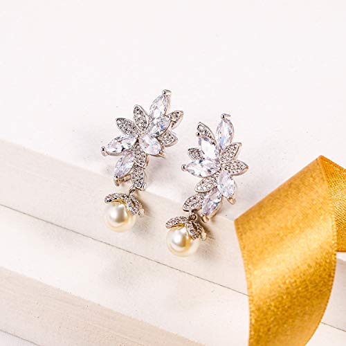 EVER FAITH® - Plata-Tono CZ Blanco Perla Simulada Hermoso Marquesa Forma Hojas Gotas Pendientes Claro N07546-1