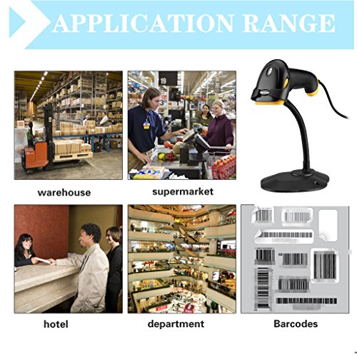 Excelvan Láser Escáner Código Barras USB Mano (Rápido, Portátil, Sistema Win xp,7,8,10,vista,Smartphone) con Soporte
