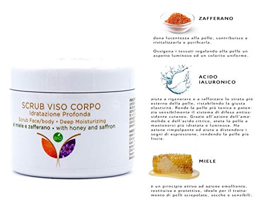Exfoliante Natural Bio Facial y Corporal nueva fórmula purificadora y Hidratante con cristales finos de Azafrán, Miel y Aceite de cáñamo sativa.Elimina las células muertas y secas de la piel.