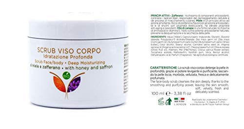Exfoliante Natural Bio Facial y Corporal nueva fórmula purificadora y Hidratante con cristales finos de Azafrán, Miel y Aceite de cáñamo sativa.Elimina las células muertas y secas de la piel.