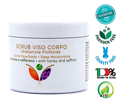 Exfoliante Natural Bio Facial y Corporal nueva fórmula purificadora y Hidratante con cristales finos de Azafrán, Miel y Aceite de cáñamo sativa.Elimina las células muertas y secas de la piel.