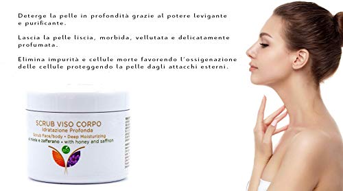 Exfoliante Natural Bio Facial y Corporal nueva fórmula purificadora y Hidratante con cristales finos de Azafrán, Miel y Aceite de cáñamo sativa.Elimina las células muertas y secas de la piel.