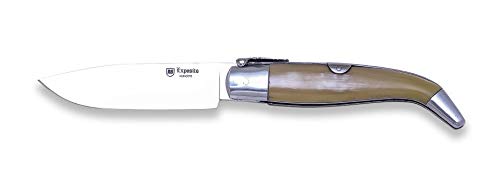 Expósito Navaja Nº 1 PA-1/AT Pastora Hoja Acero Inoxidable Sandvik 12C27 DE 9,5 cm y cacahs de Cuerno de Toro PA-1/AT Artesanal clásica de Albacete Original y única + Portabotellas Regalo
