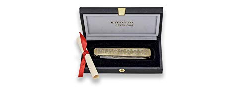 Expósito Navaja reproducción CALIFA con Hoja de Acero Sandvik 12c27 de 8,5 cm y empuñadura latón Decorada CALIFAL Artesanal clásica de Albacete. Original y única + Portabotellas Regalo