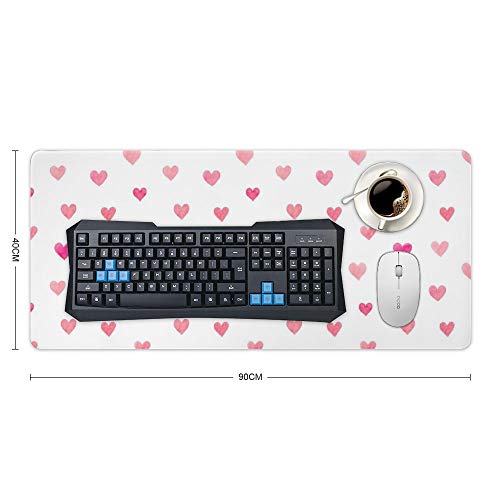 Extended Gaming Mouse Pad with Stitched Edges Waterproof Large Keyboard Mat Non-Slip Rubber Base Pink Valentines Hearts Pattern Desk Pad for Gamer Office Home 16x35 Inch