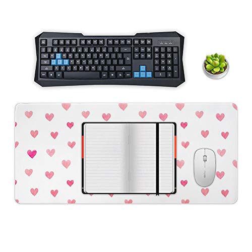 Extended Gaming Mouse Pad with Stitched Edges Waterproof Large Keyboard Mat Non-Slip Rubber Base Pink Valentines Hearts Pattern Desk Pad for Gamer Office Home 16x35 Inch