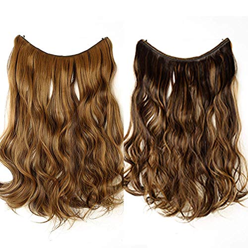 Extensión del cabello Diadema individual con hilo invisible Rizado Ondulado Extensiones de cabello sintético de 20 pulgadas / 50 cm sin pinzas 3/4 Cabeza completa, mezcla marrón oscuro Rubio Rojo