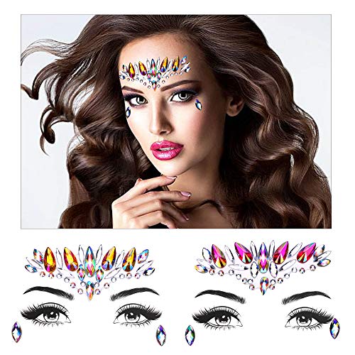 Face Gem Stickers, Howaf 8 piezas Etiqueta engomada de diamantes de imitación Cara Joyas Pegatinas cara cristal Tatuajes Temporales falso para Bindi Cuerpo Maquillaje Festival Fiesta