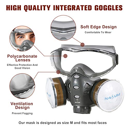 Facial Cubierta NASUM, Facial Cubierta Protectora, con Gafas Fijas / 2X Cubierta de Plástico / 2X Filtro de Algodón, Facial Cubierta de Polvo Reutilizable/Partículas/Vapor/Gas para Pulverización