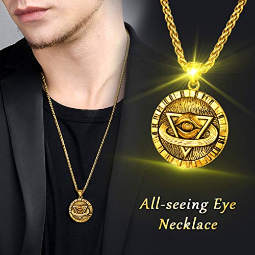 FaithHeart Ojo de Dios Colgante Medalla Circular de Regalo Collar Dorado Acero Metálico para Cuello Joyería Retro Envejecida