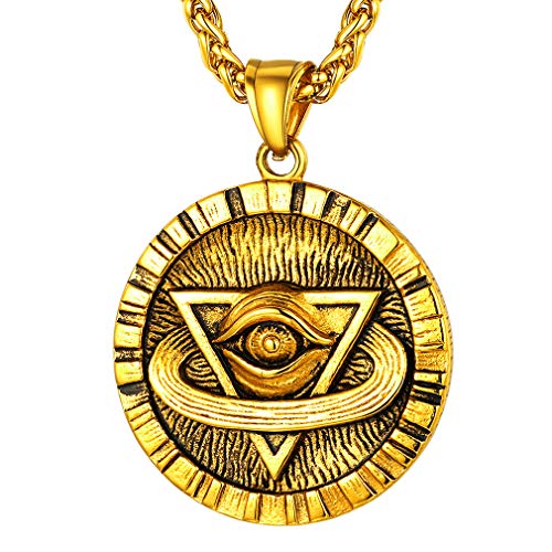 FaithHeart Ojo de Dios Colgante Medalla Circular de Regalo Collar Dorado Acero Metálico para Cuello Joyería Retro Envejecida