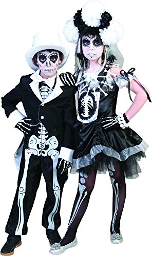 Fancy Ole – Halloween enfants Teenie Costume Robe + Voile + tête bijoux de Jour des Morts Mexicain Mort Lave-vaisselle, 116–164, 6–14 ans, noir