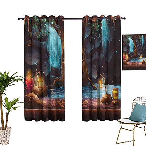 Fantasy Decor - Cortina para exteriores, diseño de bosque encantado, cascada y árbol mágico, color marrón y azul