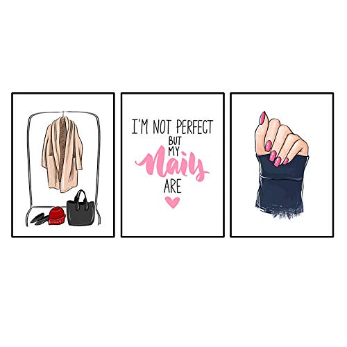 Fashion Nails Salon Pink Wall Decor Girl Beauty Salon Wall Art Trendy Makeup Quotes Art Prints Modern Canvas Painting Picture for Girls Room 50x70cmx3 Sin Marco