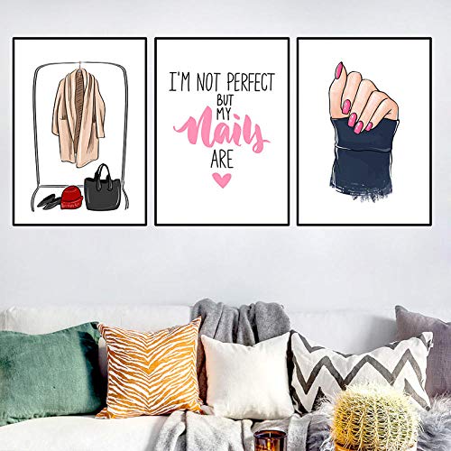 Fashion Nails Salon Wall Art Picture Girl Beauty Salon Decoración de la Pared Pink Makeup Canvas Print Nails Art Painting Trendy Picture for Girls Room 50x70cmx3 Sin Marco