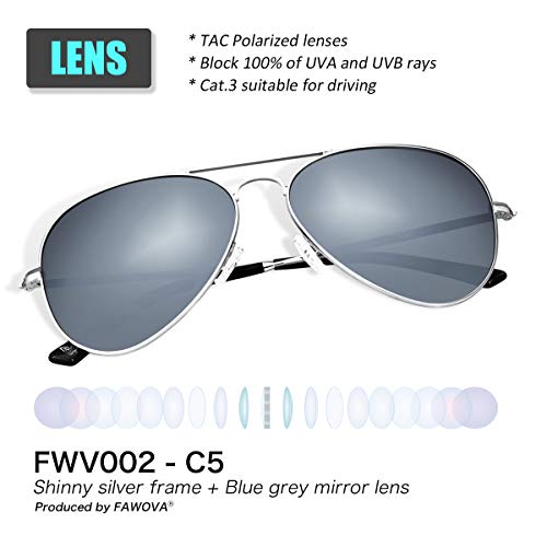 fawova Gafas de Sol Aviador Hombre Polarizadas con Espejo Azul Grisáceo, 2020 Gafas Aviador Polarizado Con Montura Metal para Plateado,Conducir, Pescar, Golf, Correr UV400, Cat.3,58mm