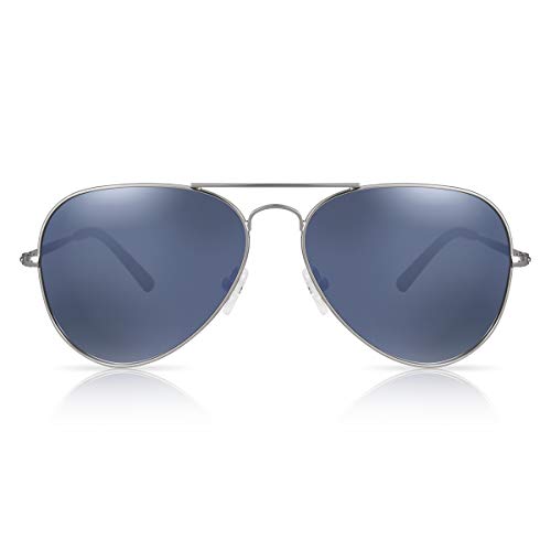 fawova Gafas de Sol Aviador Hombre Polarizadas con Espejo Azul Grisáceo, 2020 Gafas Aviador Polarizado Con Montura Metal para Plateado,Conducir, Pescar, Golf, Correr UV400, Cat.3,58mm