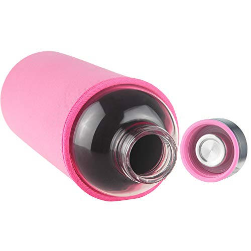 FCSDETAIL Botella de Agua de Cristal, Botella de Agua de Vidrio de Borosilicato con Funda de Neopreno con Tapa de Acero Inoxidable 1000ml