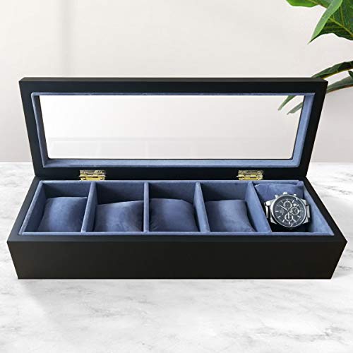 Feibrand Caja de Organizador de Caja de Reloj de Madera Maciza de 5 Compartimentos con Tapa de Cristal para Relojes Joyas, Negro