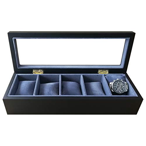 Feibrand Caja de Organizador de Caja de Reloj de Madera Maciza de 5 Compartimentos con Tapa de Cristal para Relojes Joyas, Negro
