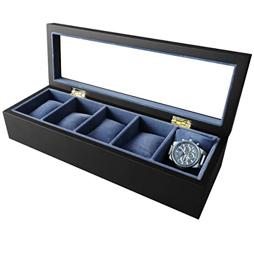 Feibrand Caja de Organizador de Caja de Reloj de Madera Maciza de 5 Compartimentos con Tapa de Cristal para Relojes Joyas, Negro