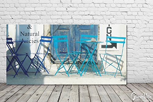 Feliz villa - Cuadro XXL de pared (120 x 60 cm, formato horizontal, impresión digital sobre cristal acrílico de 5 mm), color blanco y azul