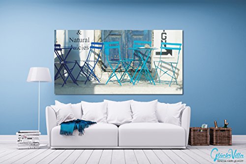 Feliz villa - Cuadro XXL de pared (120 x 60 cm, formato horizontal, impresión digital sobre cristal acrílico de 5 mm), color blanco y azul