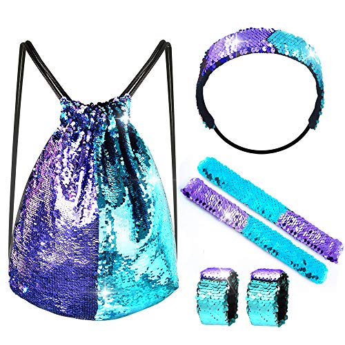 FEPITO 6 PCS Juego Lentejuelas Sirena con cordón Mochilas con Pulseras de Palma y Diadema, Lentejuelas mágicas Brillo Reversible Bolsa de Gimnasio para Regalo de cumpleaños Favores de Fiesta
