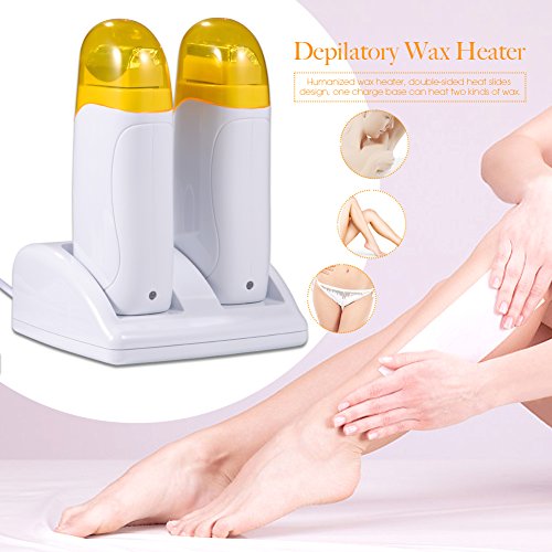 Filfeel Calentador De Cera Depilación Mini de dos asientos para hombres y mujeres, dos ceras para depilación + 100 plantillas