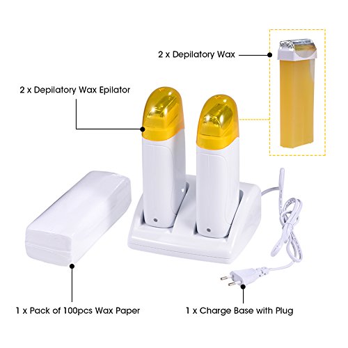 Filfeel Calentador De Cera Depilación Mini de dos asientos para hombres y mujeres, dos ceras para depilación + 100 plantillas