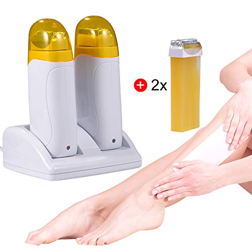 Filfeel Calentador De Cera Depilación Mini de dos asientos para hombres y mujeres, dos ceras para depilación + 100 plantillas