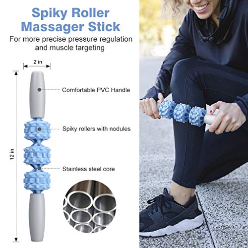 Finether Rodillo de Espuma 3 en 1 para Masaje Muscular, Foam Roller, Juego de Masajeador con Bola de Masaje Rodillo de Palo para Masaje, Azul Bebé