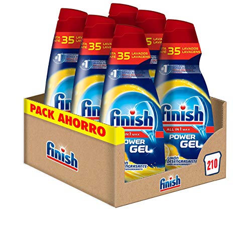 Finish All in 1 Max Power Gel Limón Desengrasante Detergente Gel para el Lavavajilla, 6 unidades - 210 lavados