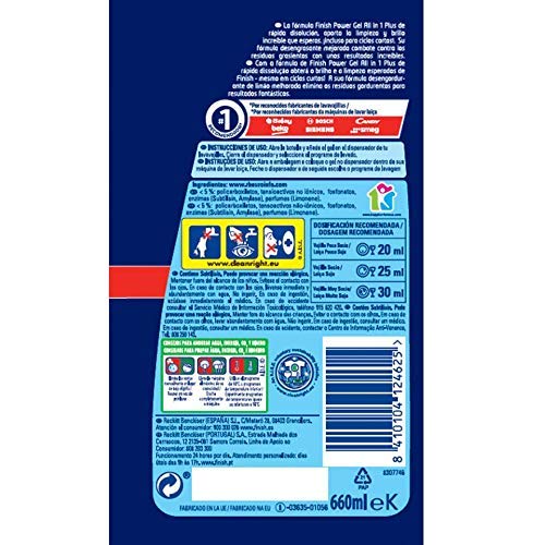 Finish All in 1 Max Power Gel Limón Desengrasante Detergente Gel para el Lavavajilla, 6 unidades - 210 lavados