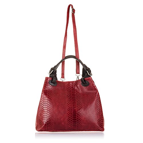 FIRENZE ARTEGIANI. Emanuela Bolso Tote Mujer.Piel auténtica Gamuza Grabado Serpiente .Made in Italy. Vera Pelle Italiana.33x17x29 cm. Color: Rojo