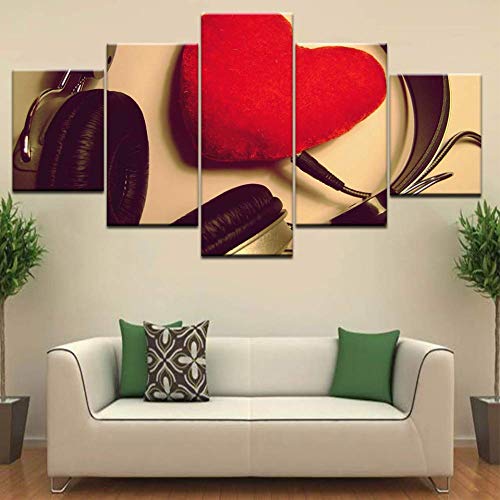 Five Decorative Paintings 5 Piece HD Print Take Headphones Red Heart Love Fashion Wall Posters Canvas Art Painting For Home Living Room Decoration Corridor, Furniture Poster Frameless (LWE917)