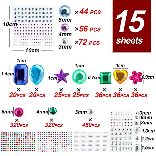 FLOFIA 15 Hojas Brillantes para Decorar Adhesivas Autoadhesivos Pegatina Diamante Gemas Adhesivas Cristal Piedras Strass Joyas Adhesivas para Manualidades Tarjetas Artesanía Cara Maquillaje