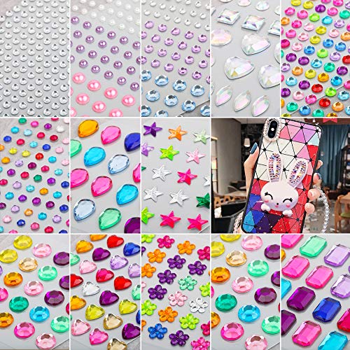 FLOFIA 15 Hojas Brillantes para Decorar Adhesivas Autoadhesivos Pegatina Diamante Gemas Adhesivas Cristal Piedras Strass Joyas Adhesivas para Manualidades Tarjetas Artesanía Cara Maquillaje