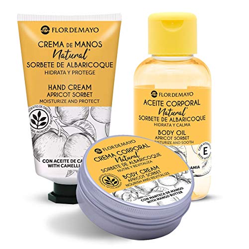 Flor de Mayo, Set hidratante aroma Sorbete de Albaricoque, Aceite Corporal 100ml, Crema Corporal 50ml, Crema de Manos 30ml - Una experiencia muy divertida