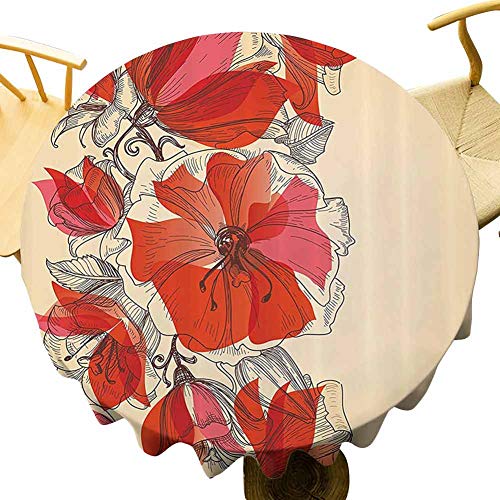 Flores al aire libre redondo mantel floral temático flores en estilo retro patrón romántico diseño decorativo impresión de borrado rápido rojo arena marrón diámetro 39 pulgadas