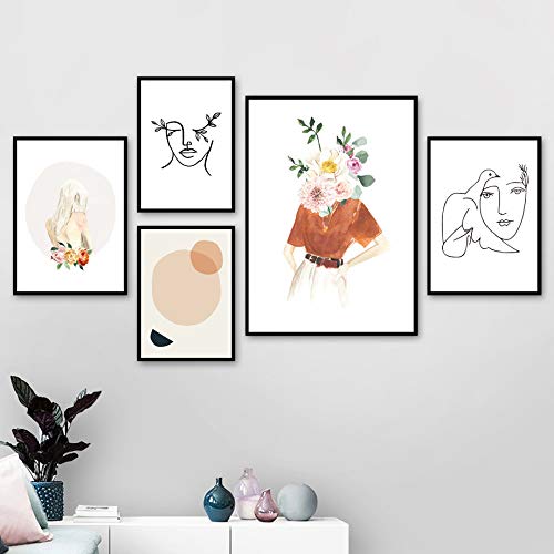 Flower Girl Face Line Ilustración abstracta Arte de la pared Pintura de la lona Decoración de la sala Pintura Pared 50X70 cm