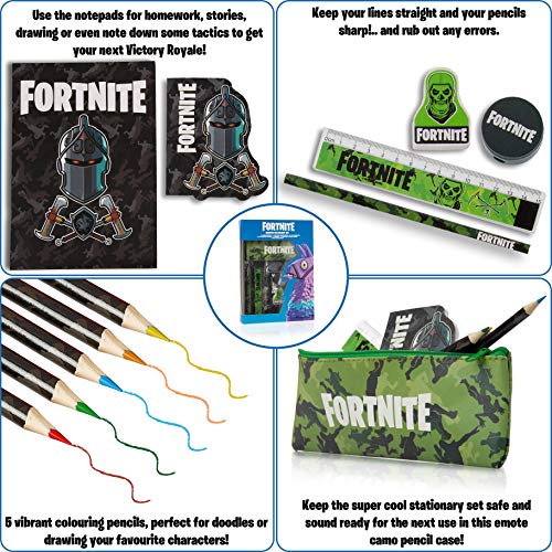 Fortnite Set Papelería Completo para Niños | Set de Papelería 12 Piezas, Material Escolar Edición Limitada Con Cuaderno A4, Estuche Fortnite y Lápices de Colores | Regalo Fortnite Niño