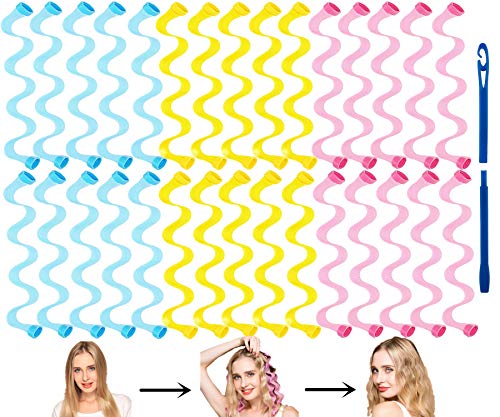 FOYOCER Rizadores de Pelo sin Calor Kit de Peinado de Olas 30 Rodillos de Pelo Mágicos sin Calor con Ganchos para Peinar para Pelo Corto hasta 30cm/11.81" Largo La Mayoría de Los Tipos de Peinados