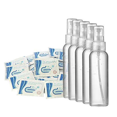 Frascos plastico para Gel Pack de 4 Botes vacios de Viaje de 100 ml con Spray pulverizador para Agua, Perfume, Gel + 30 toallitas de Mano 60 x 80 Higienizantes 70% de Alcohol