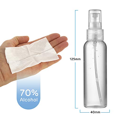 Frascos plastico para Gel Pack de 4 Botes vacios de Viaje de 100 ml con Spray pulverizador para Agua, Perfume, Gel + 30 toallitas de Mano 60 x 80 Higienizantes 70% de Alcohol