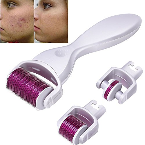 Frcolor Rodillo Derma 3 en 1 para productos Facial Skin Care, 0.5mm / 1.0mm / 1.5mm Rodillo Premium Microneedle de Titanio (Blanco Púrpura)