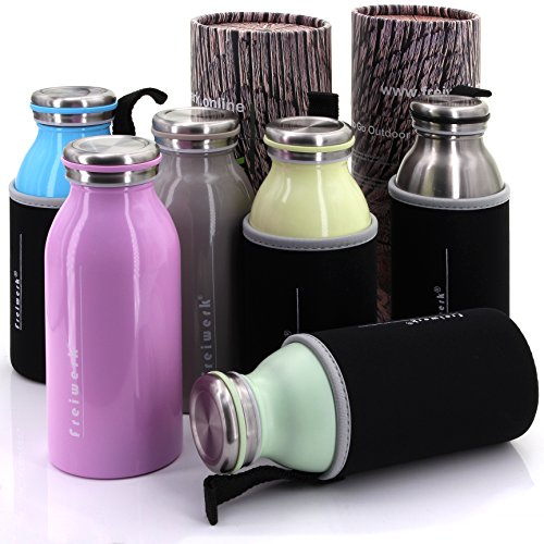 freiwerk® Termo 350ml - Acero Inoxidable con Doble Pared - Funda Protectora de Neopreno - 350 ml Amarillo